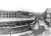 Looking down the newly built Station Street towards the front of the Market Hall with the entrance to the cart road leading to the sidings on the left