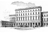 An engraved illustration of the entrance to New Street station and the frontage of the Queen's Hotel shortly after the station was opened