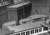 Close up showing the water tank and Permanent Way buildings erected behind New Street No 5 Signal Box and adjacent to Hill Street