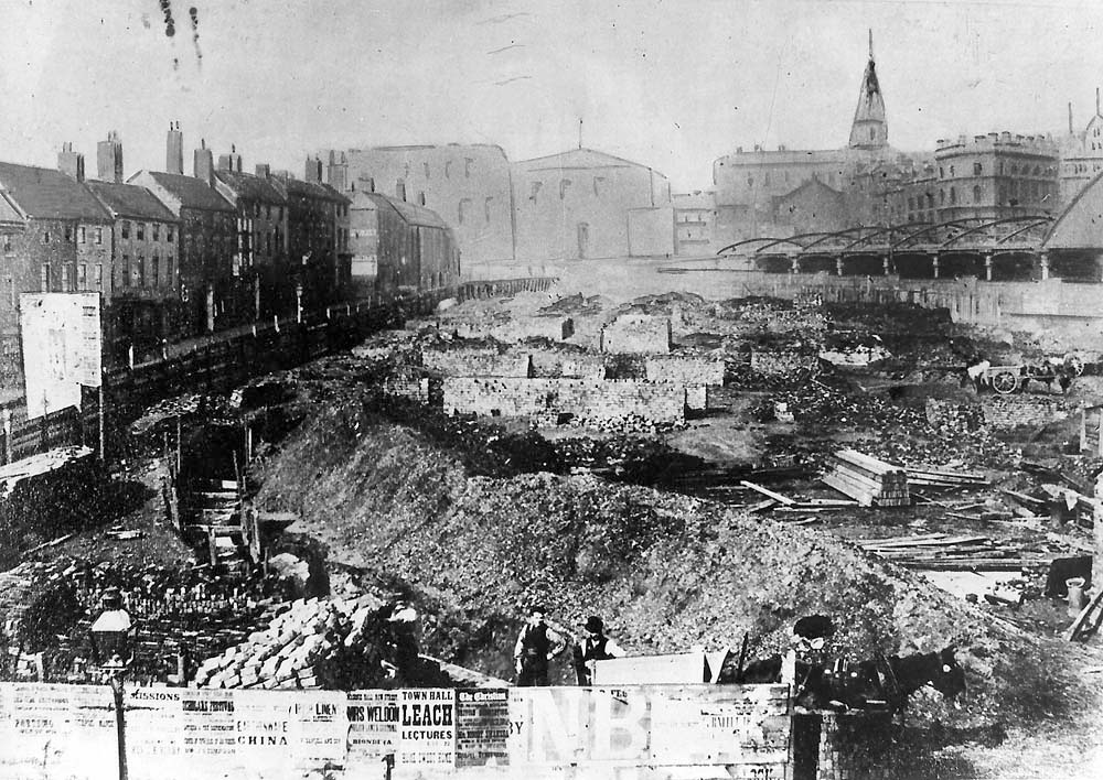 A June 1883 view of the site of the extension to New Street station with Hill Street seen on the left