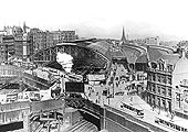 An elevated view of New Street station looking East down Queens Drive with the LNWR portion on the left and the Midland portion on the right