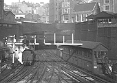 Looking West  from Navigation Street bridge towards Swallow Street bridge showing New Street No 5 Signal Box on the right and the recently painted signal gantry