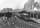 View from New Street No 1 Signal Box looking towards the Queens Hotel with the two bay platforms Nos 1 and 2 on the right and Platform 3, 4 and 5 to the left