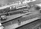 An aerial view from the Queens Hotel of the West end of New Street station with Queens Drive behind and Navigation Street bridge to the right on 19th March 1961