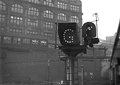 View of one of New Street station's colour lights controlling departures from the West end of the station installed after the removal of the roof