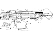 View of the layout of the original station showing the Queen's hotel at the bottom and Great Queen's Street at the top