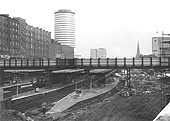 Looking East from Navigation Street bridge towards the station with LNWR section still insitu with a temporary footbridge in the foreground