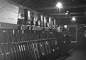 An internal view of New Street No 2 Signal Box with 'bobbies' Walter Pritchard and a Mr Bing posing for the camera between duties on 20th March 1954