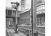 View of Platform 1B's starter signal and water column used by Harborne Branch trains as seen on 6th February 1962