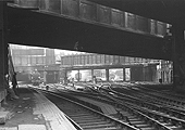 View from under Hill Street bridge towards the North end of Navigation Street bridge with Platforms 3, 4, 5 and 6 seen underneath and the Stour Valley bay lines on the left