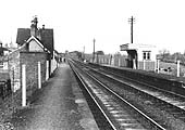 Looking along Birdingbury station's up platform towards Rugby from the Leamington end of up platform early in 1956