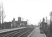 Close up showing Coundon Road station's principal buildings sited on the up platform diagonally opposite the signal box