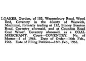 A notice dated 16th February 1966 relating to the bankruptcy of Gordon Loakes, a Coal Merchant based at Coundon Wharf