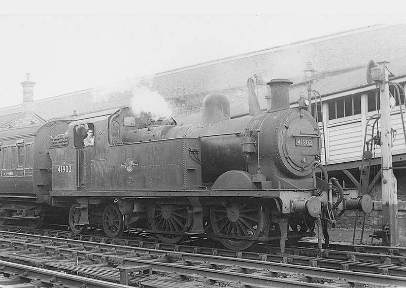 Another view of ex-LMS 2P 0-4-4T No 41902 standing waiting for the 'right of way' at the head of a local Leamington to Nuneaton passenger service