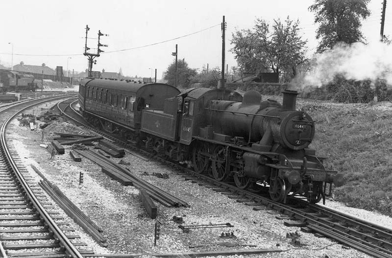 British Railways built 2MT 2-6-0 No 46445 is seen at the head of a Leamington to Nuneaton local passenger train