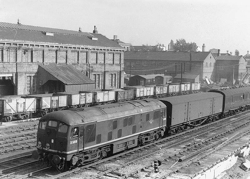 British Railways Type 2 Diesel D5019 is seen passing the Coventry No 1 Goods shed on a down freight service to Birmingham