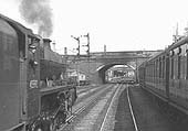 Ex-LMS 6P 4-6-0 Jubilee class No 45592 'Indore' with an up express approaching Warwick Road bridge in 1956