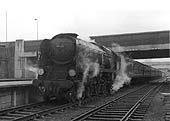 Ex-SR 4-6-2 Rebuilt Battle of Britain class No 34087 '145 Squadron' is seen standing at Coventry station's new platform three