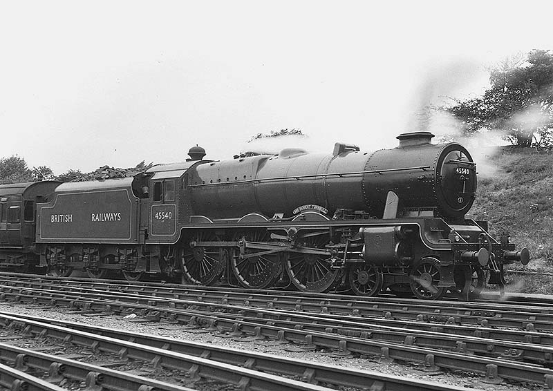 Ex-LMS 4-6-0 rebuilt Patriot class No 45540 'Sir Robert Turnball' is seen resplendent in British Railways experimental Apple Green livery