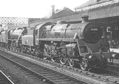 BR 4-6-0 Standard Class 4 No 75036 is seen piloting ex-LMS 4-6-0 5MT No 44837 on an up through working on 5th September 1953