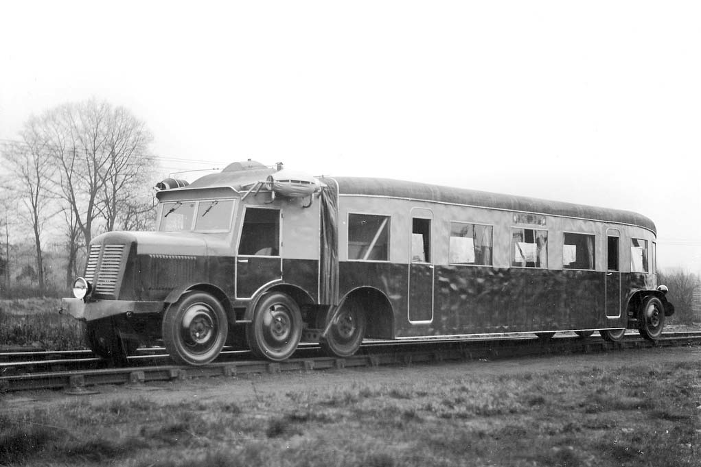 A three-quarters frontal view of the Michelin Type 9 Rail Car between tests standing in in Coventry