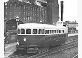 A three-quarters frontal view of the Michelin Type 9 Rail Car between tests standing in in Coventry