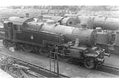 Ex-LMS 2-6-4T 4MT No 42669 stands on shed alongside ex-LMS 2-6-0 No 46420 and an unidentified ex-LMS 2-8-0 8F locomotive