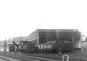View of the new British Railways built shed and a mixture of ex-LMS and ex-LNWR goods and mixed traffic locomotives
