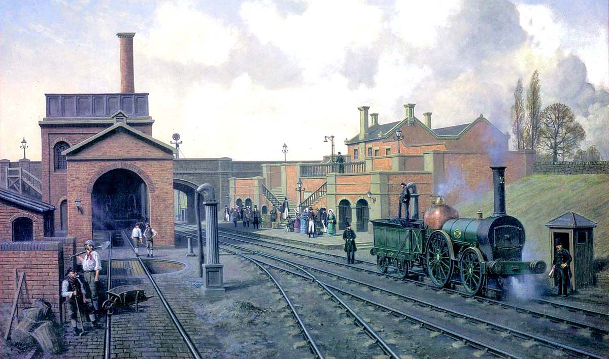 Painting showing Coventry Station looking towards Birmingham with the 1838 engine shed on the left and the original station on the right