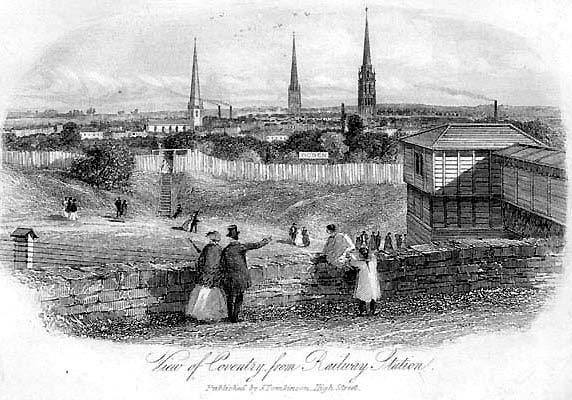 Engraving showing part of the second station's parcels bridge with the city's three spires in the background