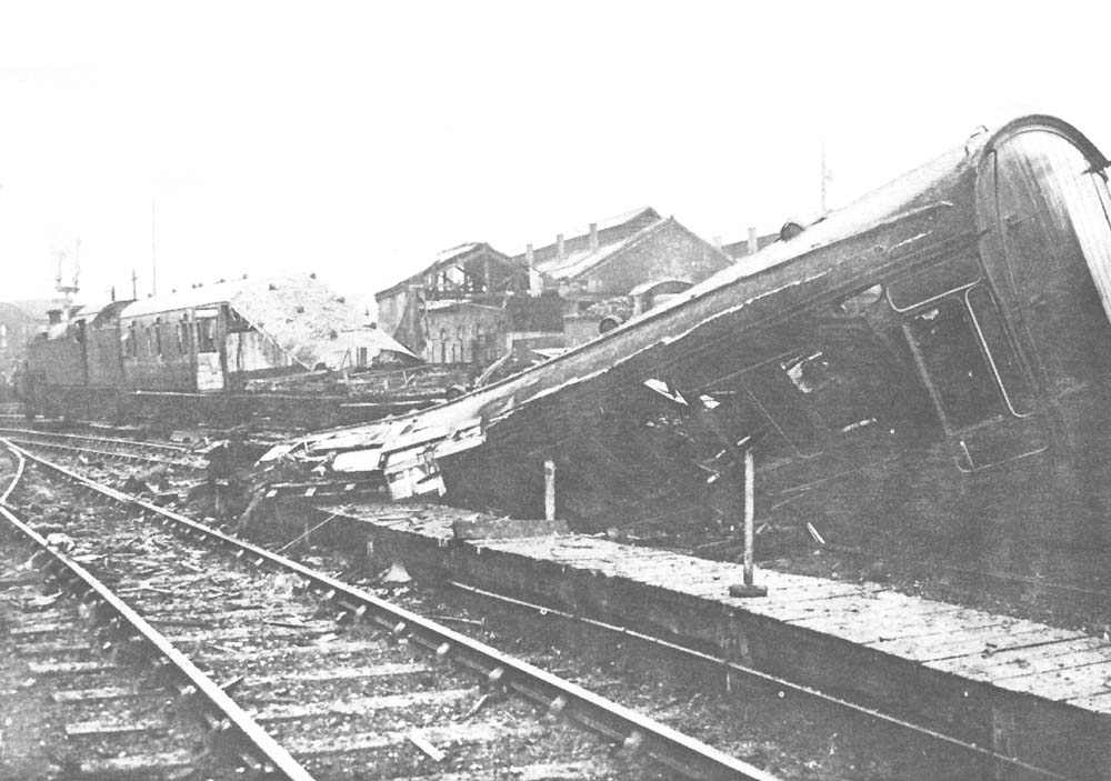 View of the wreckage of the local passenger service from Leamington and, in the distance, the damaged shed
