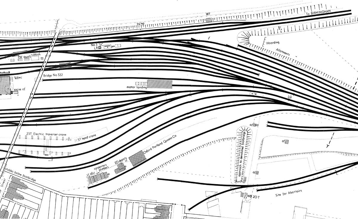 Part of the Ordnance Survey map showing the junction of the Nuneaton branch, the sidings and roads leading to the the goods sheds