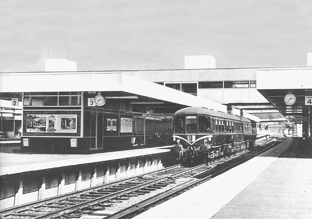 The clean lines of a Park Royal DMU standing at Coventry station's No 3 platform with a service for Nuneaton