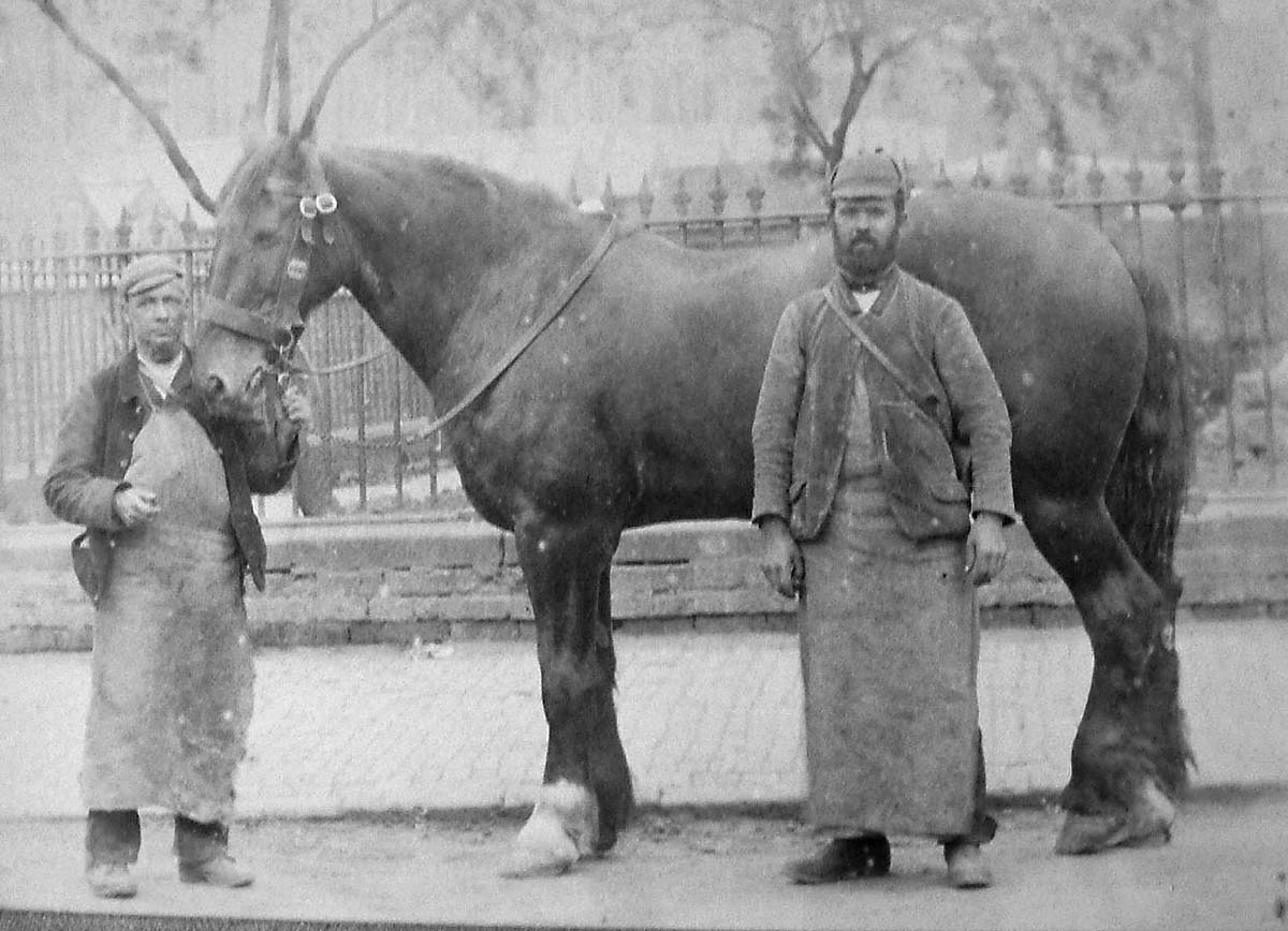 Mr John James King and a fellow worker standing in front of one of the many horses stabled at Coventry station
