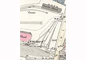 Close up of the 1887 OS map showing the sidings and cattle docks adjacent to the entrance from Warwick Road