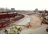 Coventry Goods Yard looking from Spencer Park foot bridge towards Winifred Avenue and the Nuneaton branch in 1982