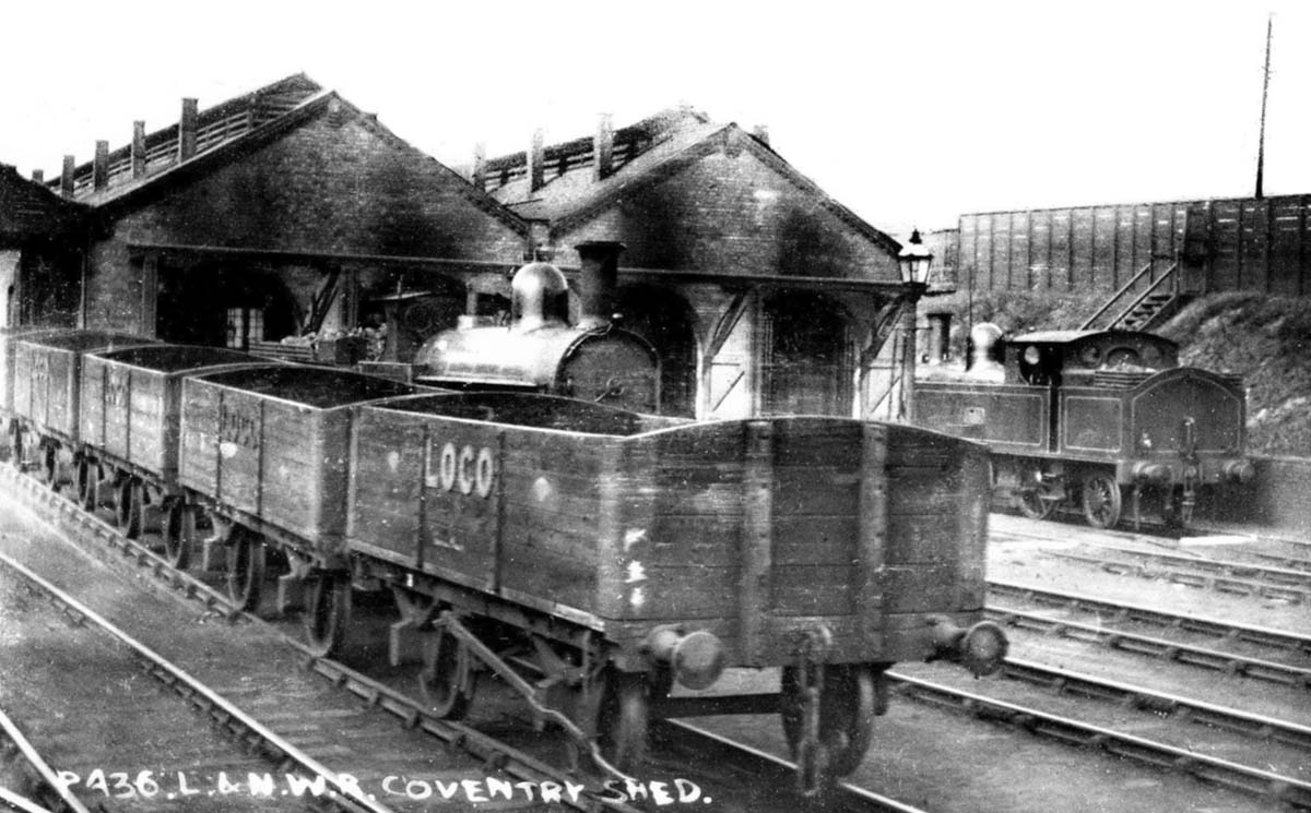 A rake of empty LNWR four-plank 'Loco' coal wagons stand on Coventry shed's coaling road in 1911