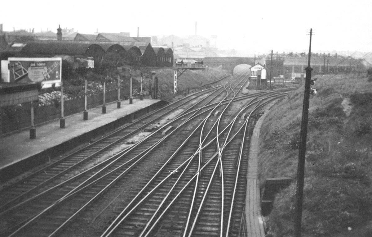 A 1950s view of the eastern approach to Coventry station with the branchline to Leamington leading off to the right