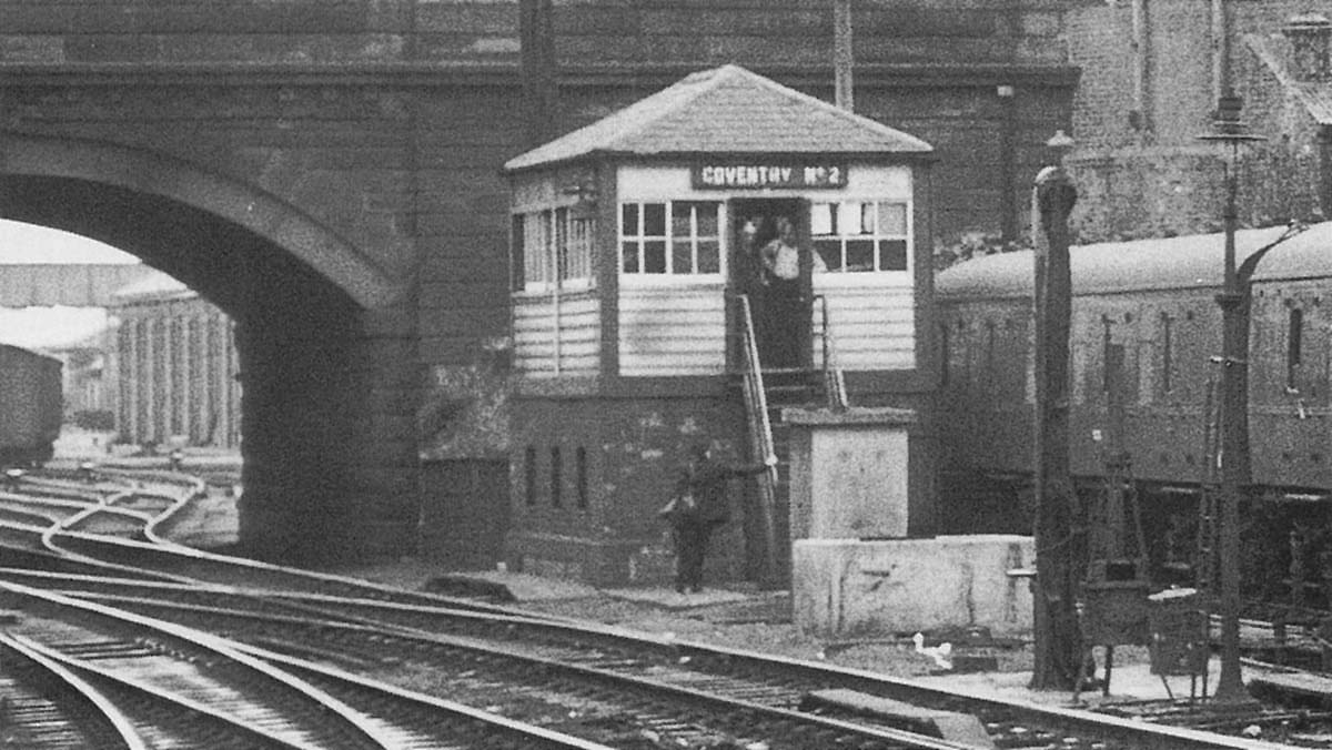 Coventry No 2 Signal Cabin, often called the 'Bell Box' which worked the connections at the west end of the station on 27th June 1959