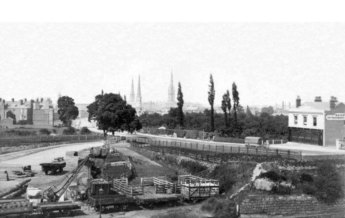Part of Coventry Station's goods yard looking towards the City Centre with Warwick Road on the right