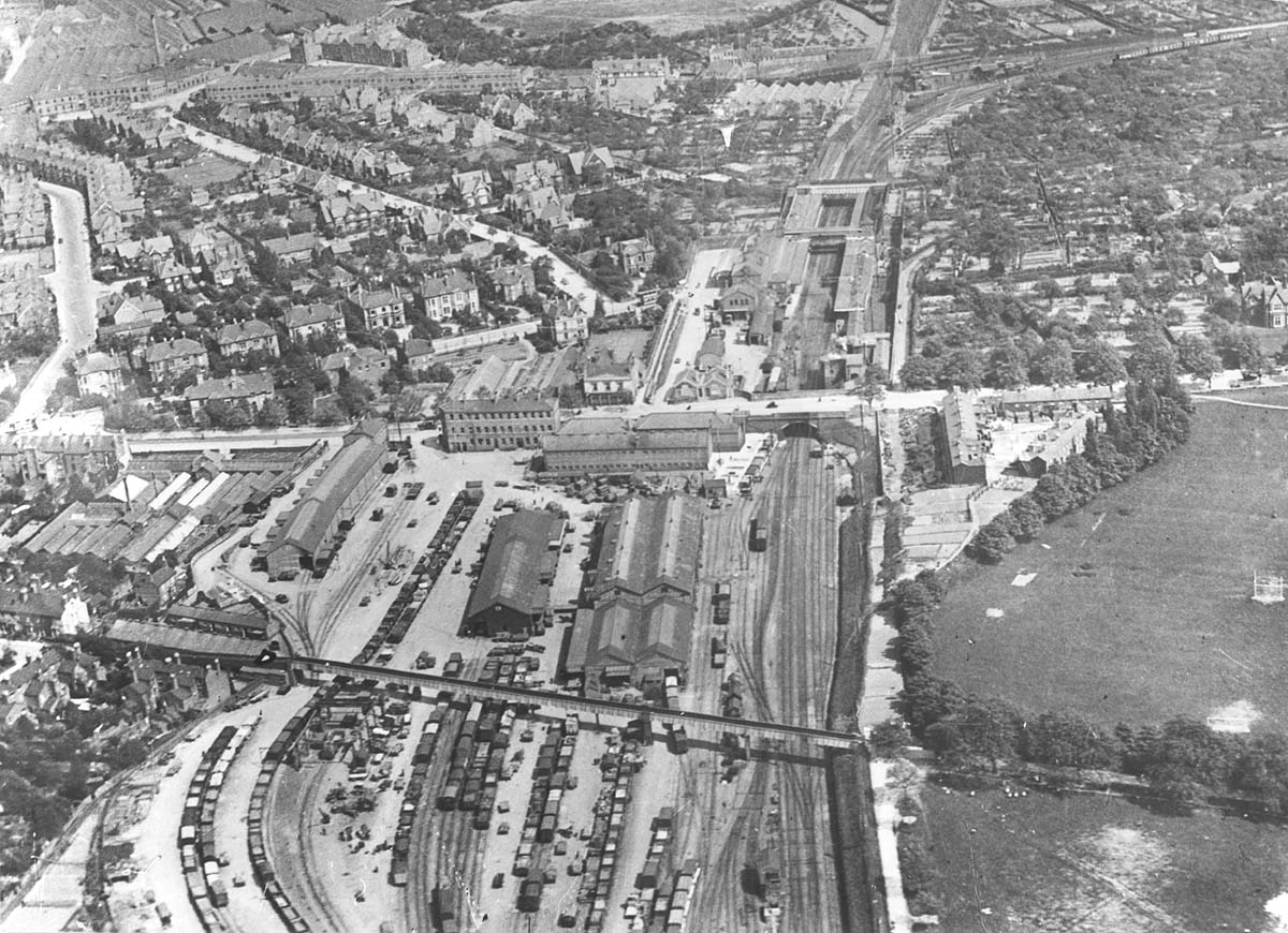 A panoramic aerial view of Coventry station and goods yard with Spence Park footbridge at the bottom and Quinton Road over bridge at the top
