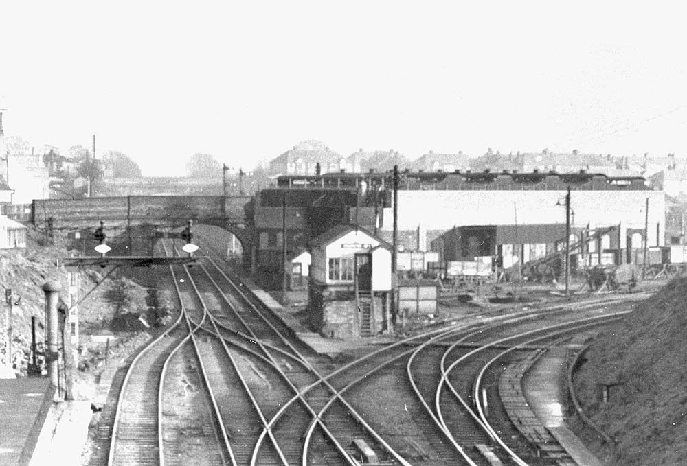 View from Stoney Road bridge looking towards Rugby with the branch to Leamington bearing off to the right with the shed behind
