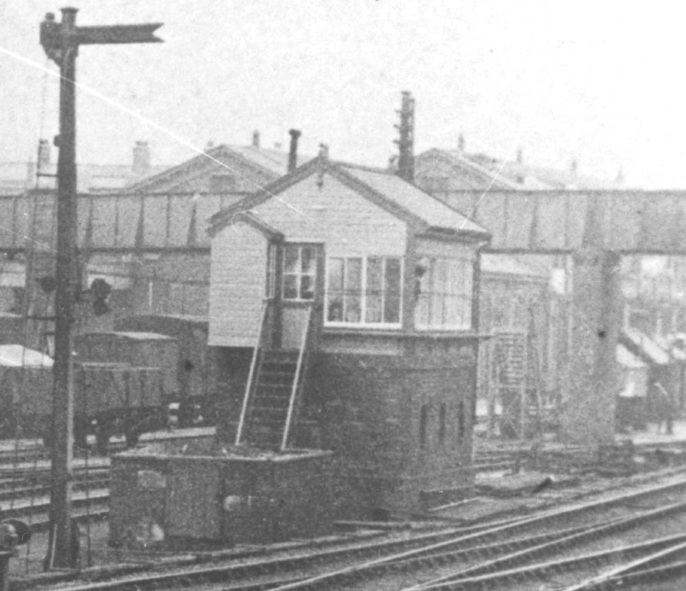 Close up showing Coventry No 3 Signal box with the footbridge to Spencer Road Park immediately behind in 1919