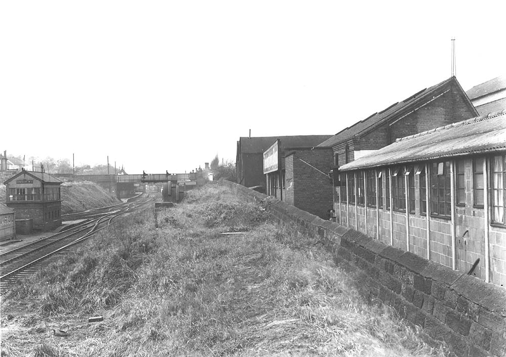 Looking towards Coventry station in the Birmingham direction with Coventry No 1 Signal box on the left and the temporary offices of the Coventry Evening Telegraph on the right