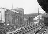 View showing the L&B locomotive shed on the left, Coventry No 2 Signal box in the middle and the parcel depot bay on the right