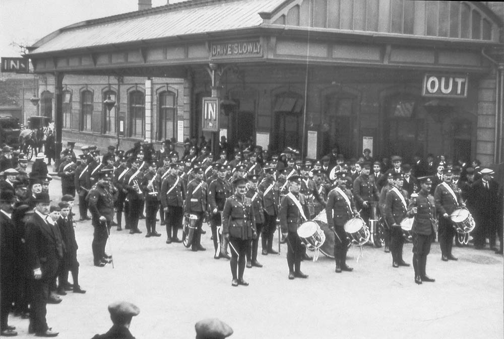 View of the 'Royal Warwickshire' Regimental Band forming in to a marching column ready to march forward in to the city centre