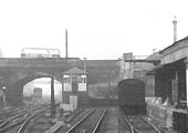 Close up showing the end of the parcel dock adjacent to Coventry No 2 signal cabin with the parcel platform on the right