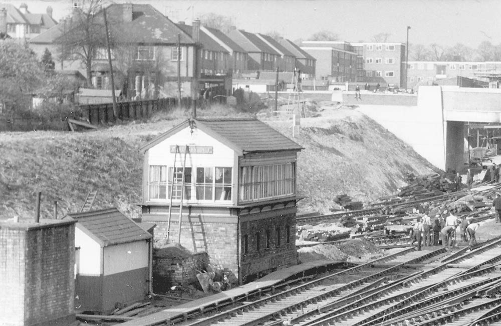 View of Coventry No 1 Signal box and the track being realigned at the junction of the Kenilworth branch with the Rugby main line