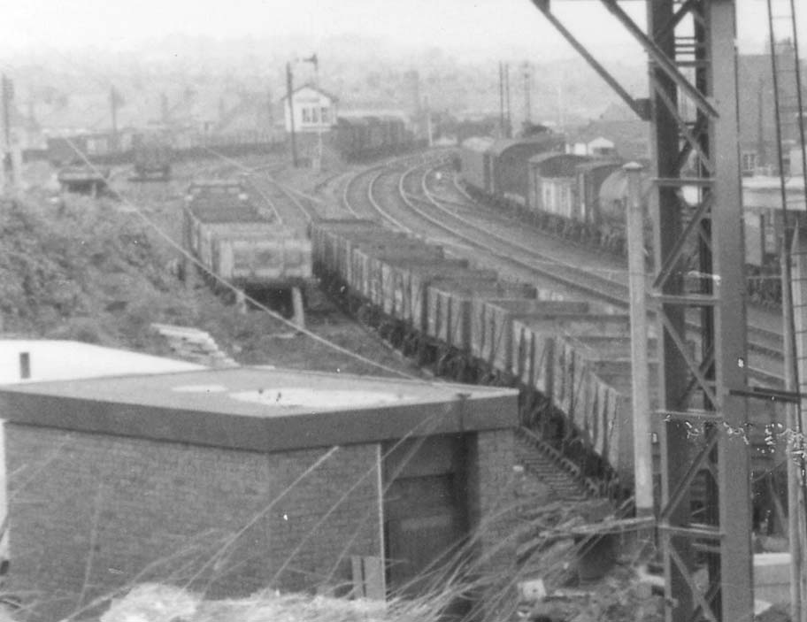 Close up showing Coventry No 4 Signal box in the distance and the sidings that ran on the left and the branch lines that ran immediately to the right