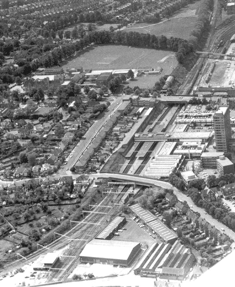 Aerial view of Coventry station looking towards Birmingham with the branch to Leamington on the left